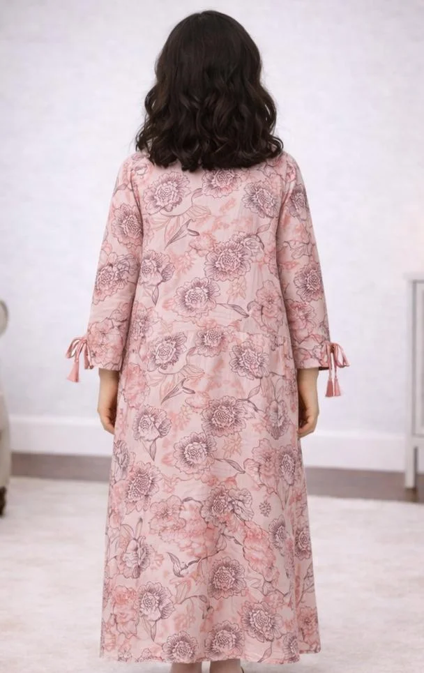Artemea  Girls Pink Floral Jalabiya with Gathered Front & Tassel Sleeves – Ankle Length Modest Dress for Women | Best Price UAE